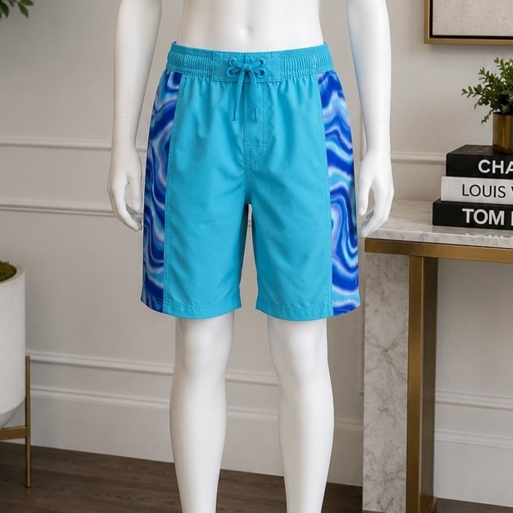 Ocean Gear Boys Swim Shorts Turquoise Blue Swirl Print UPF 50+ XXL 18